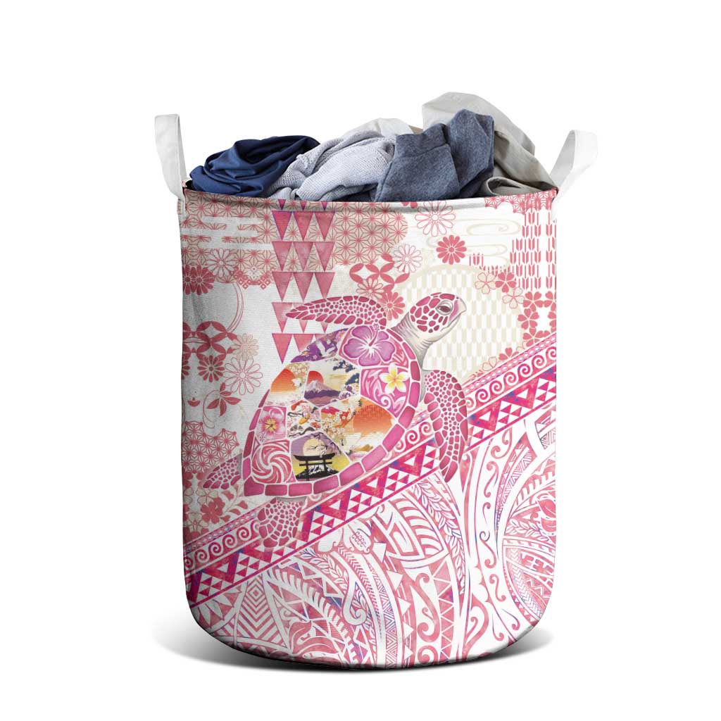 Hawaiian and Japanese Culture Together Laundry Basket Tropical Honu with Japanese Elements Pink Color