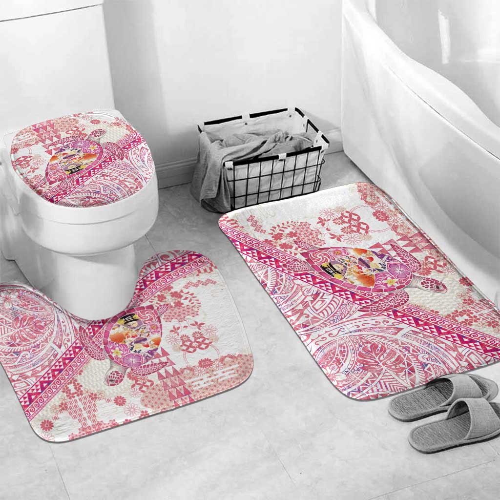 Hawaiian and Japanese Culture Together Bathroom Set Tropical Honu with Japanese Elements Pink Color