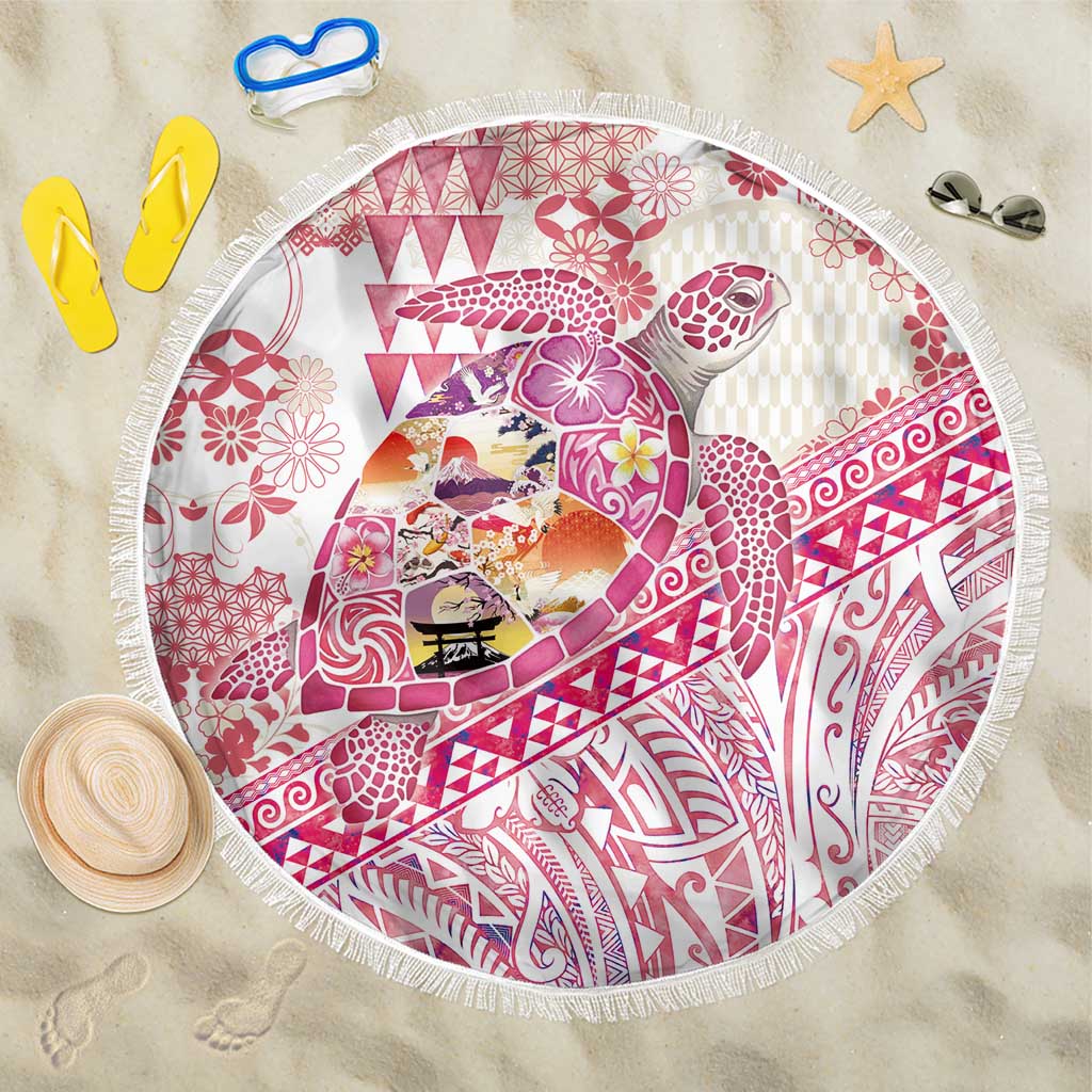 Hawaiian and Japanese Culture Together Beach Blanket Tropical Honu with Japanese Elements Pink Color