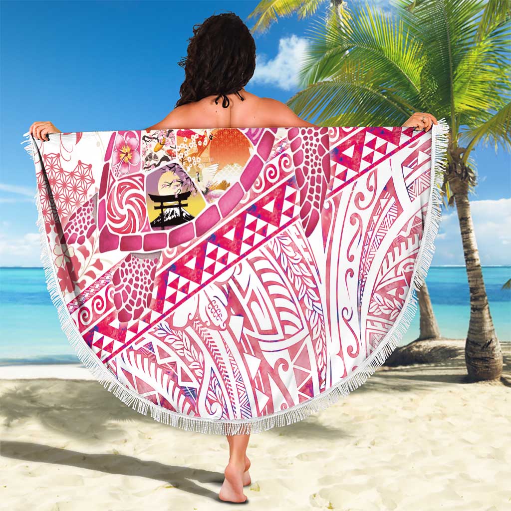 Hawaiian and Japanese Culture Together Beach Blanket Tropical Honu with Japanese Elements Pink Color