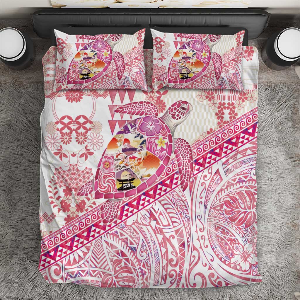 Hawaiian and Japanese Culture Together Bedding Set Tropical Honu with Japanese Elements Pink Color