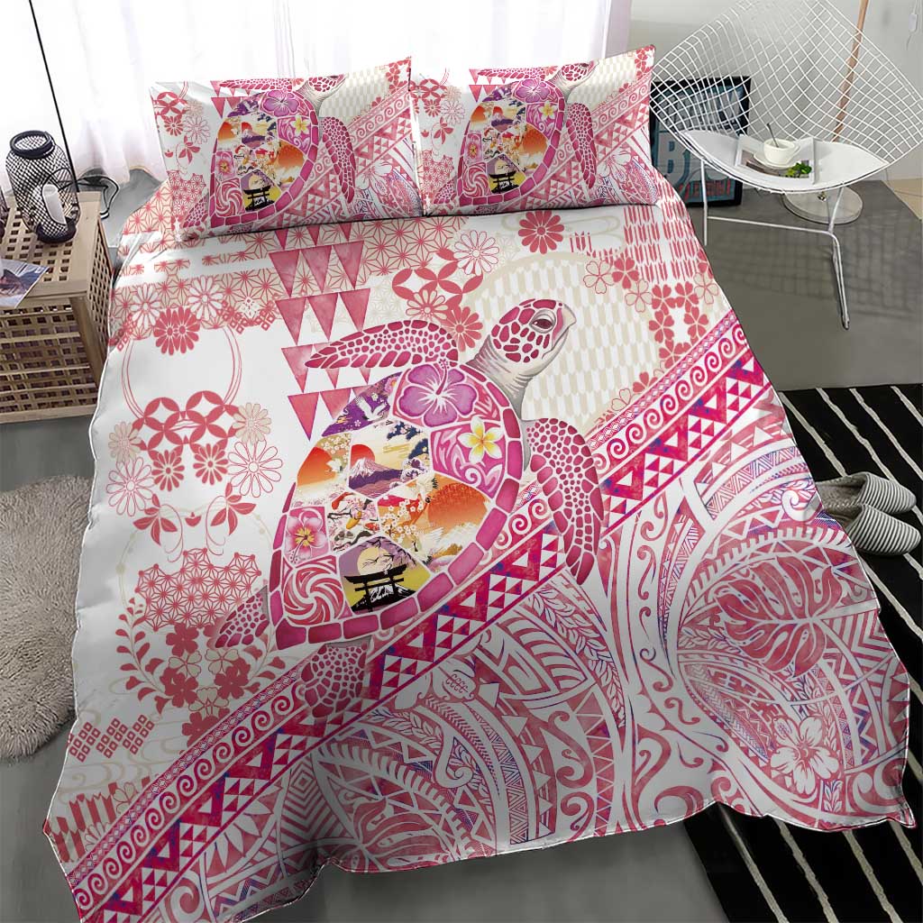 Hawaiian and Japanese Culture Together Bedding Set Tropical Honu with Japanese Elements Pink Color