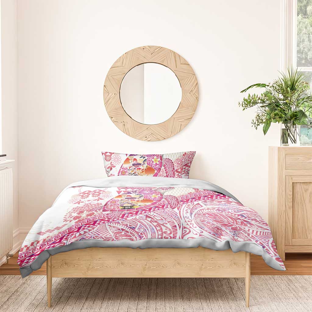 Hawaiian and Japanese Culture Together Bedding Set Tropical Honu with Japanese Elements Pink Color