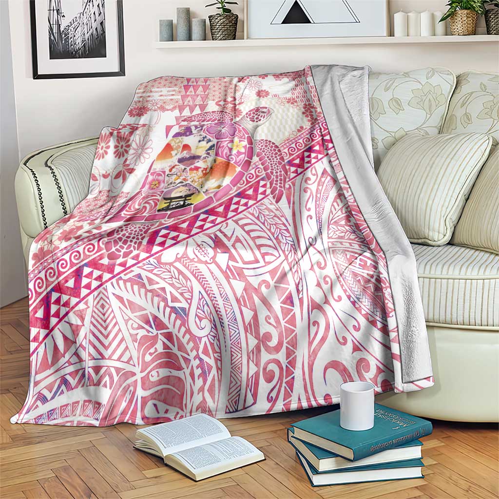 Hawaiian and Japanese Culture Together Blanket Tropical Honu with Japanese Elements Pink Color
