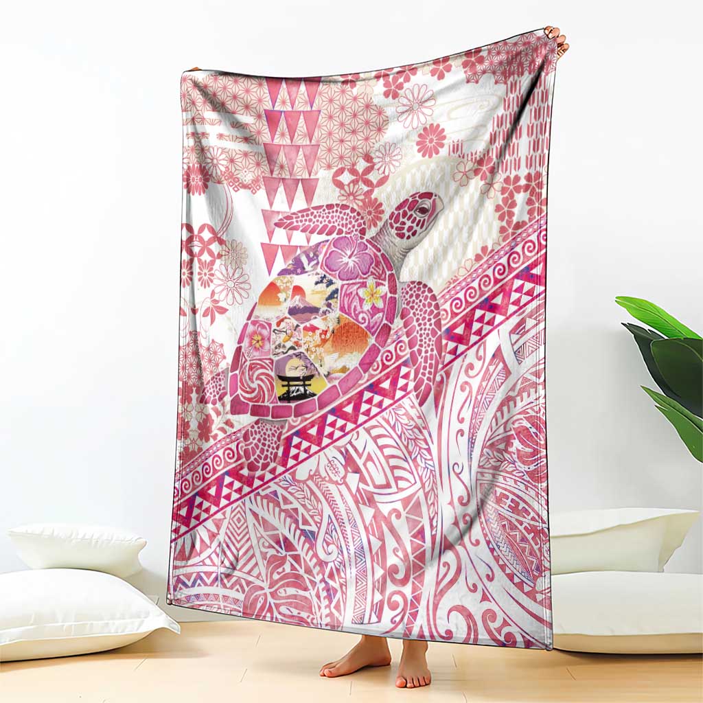 Hawaiian and Japanese Culture Together Blanket Tropical Honu with Japanese Elements Pink Color