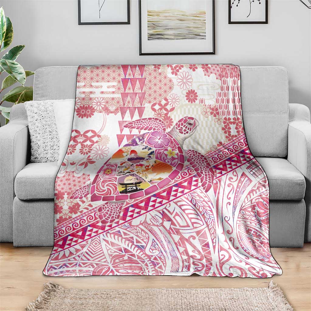 Hawaiian and Japanese Culture Together Blanket Tropical Honu with Japanese Elements Pink Color