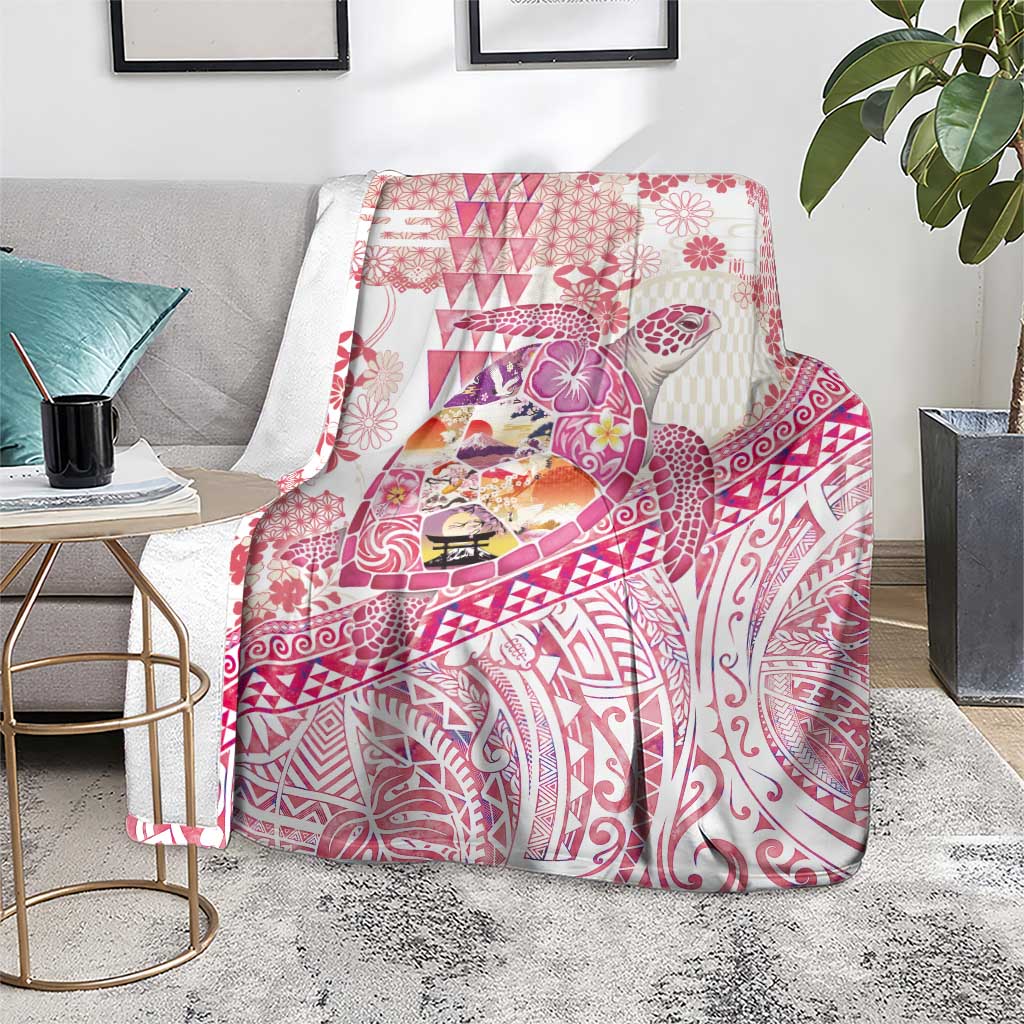 Hawaiian and Japanese Culture Together Blanket Tropical Honu with Japanese Elements Pink Color