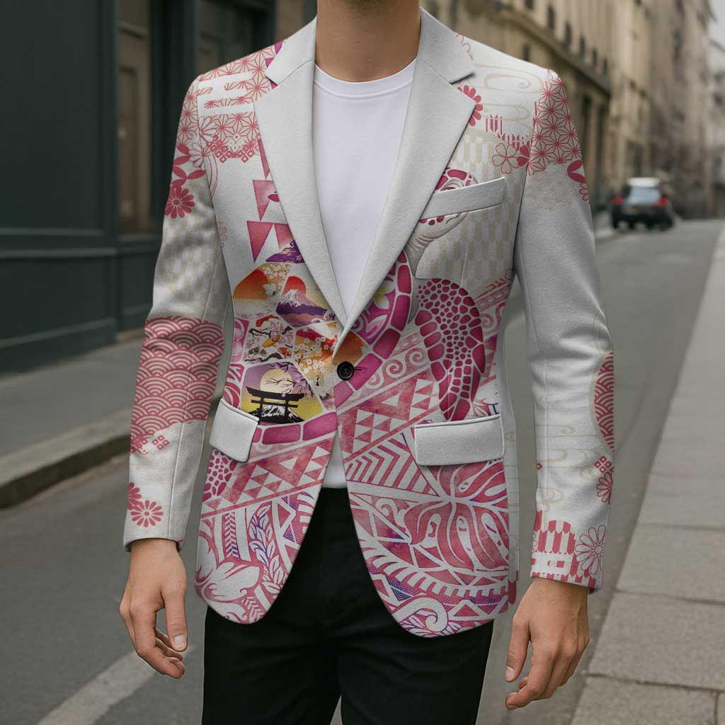 Hawaiian and Japanese Culture Together Blazer Tropical Honu with Japanese Elements Pink Color