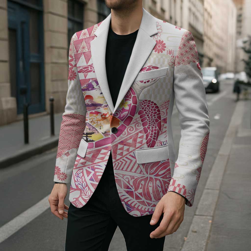 Hawaiian and Japanese Culture Together Blazer Tropical Honu with Japanese Elements Pink Color