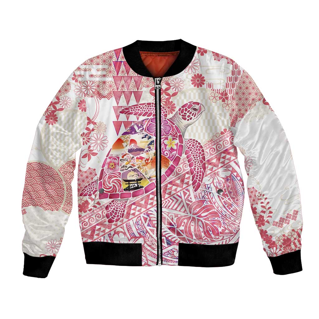 Hawaiian and Japanese Culture Together Bomber Jacket Tropical Honu with Japanese Elements Pink Color