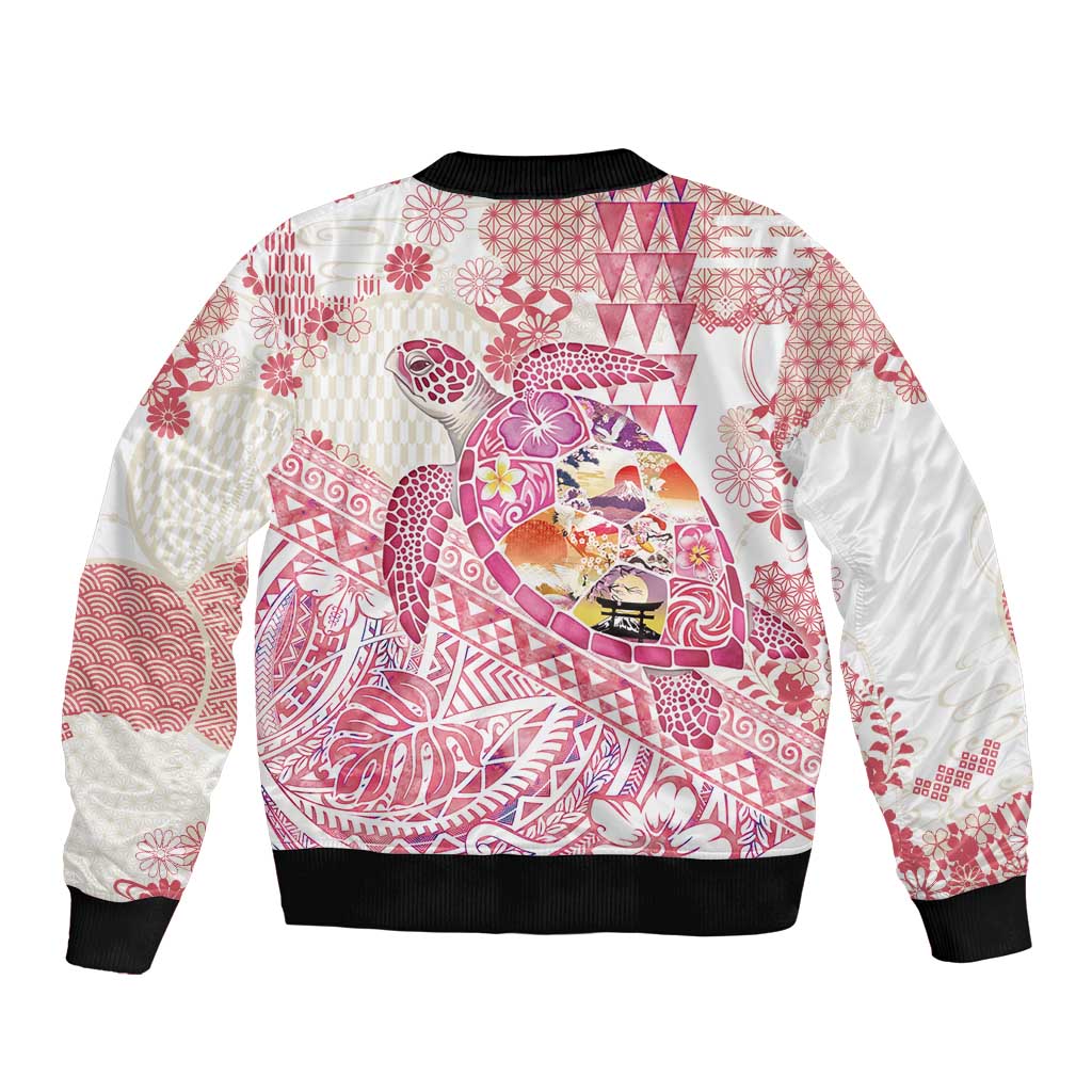 Hawaiian and Japanese Culture Together Bomber Jacket Tropical Honu with Japanese Elements Pink Color