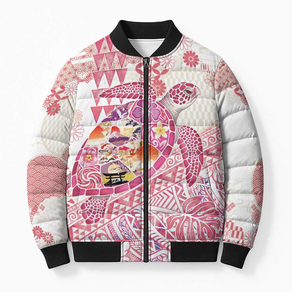 Hawaiian and Japanese Culture Together Bomber Puffer Jacket Tropical Honu with Japanese Elements Pink Color