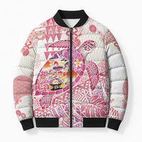 Hawaiian and Japanese Culture Together Bomber Puffer Jacket Tropical Honu with Japanese Elements Pink Color