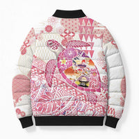 Hawaiian and Japanese Culture Together Bomber Puffer Jacket Tropical Honu with Japanese Elements Pink Color