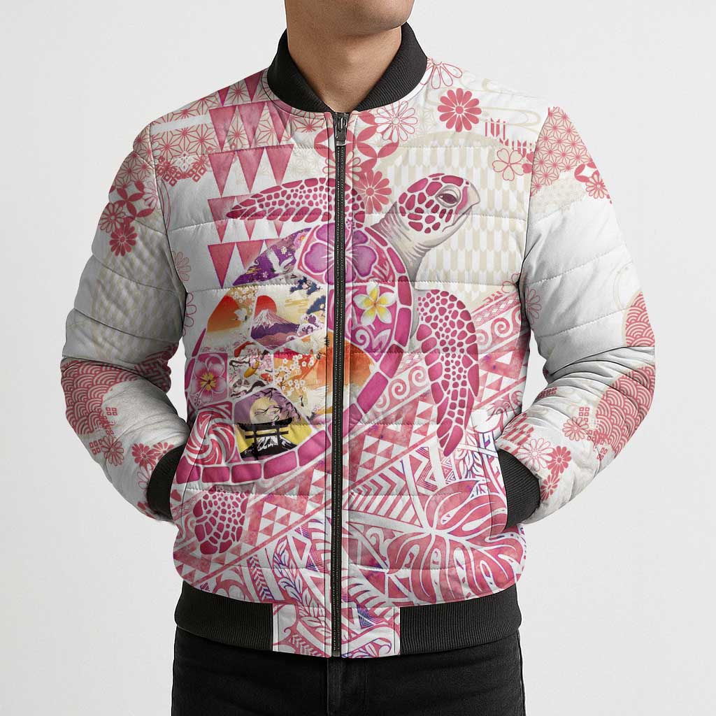 Hawaiian and Japanese Culture Together Bomber Puffer Jacket Tropical Honu with Japanese Elements Pink Color