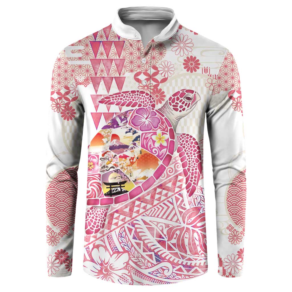 Hawaiian and Japanese Culture Together Button Sweatshirt Tropical Honu with Japanese Elements Pink Color LT03 Pink - Polynesian Pride