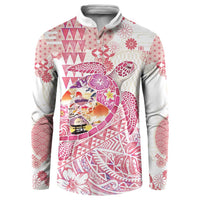 Hawaiian and Japanese Culture Together Button Sweatshirt Tropical Honu with Japanese Elements Pink Color