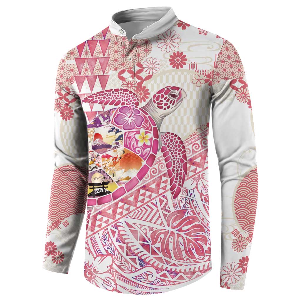 Hawaiian and Japanese Culture Together Button Sweatshirt Tropical Honu with Japanese Elements Pink Color