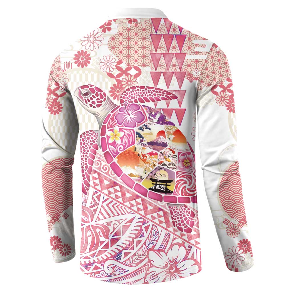 Hawaiian and Japanese Culture Together Button Sweatshirt Tropical Honu with Japanese Elements Pink Color