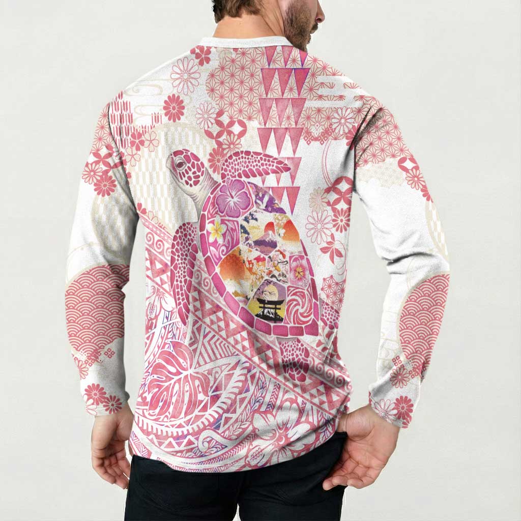 Hawaiian and Japanese Culture Together Button Sweatshirt Tropical Honu with Japanese Elements Pink Color