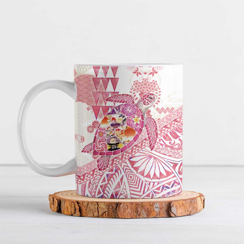 Hawaiian and Japanese Culture Together Ceramic Mug Tropical Honu with Japanese Elements Pink Color