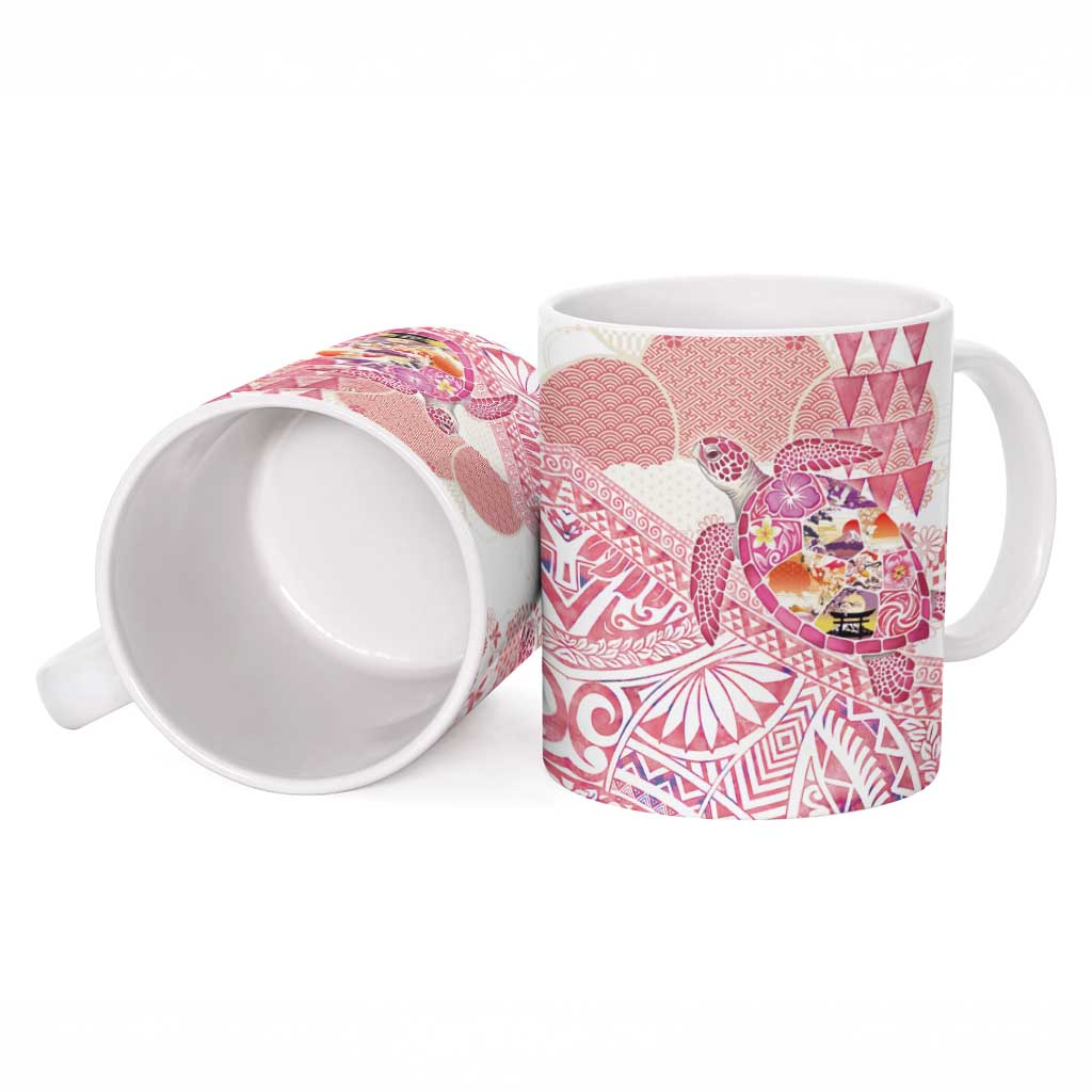 Hawaiian and Japanese Culture Together Ceramic Mug Tropical Honu with Japanese Elements Pink Color