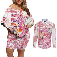 Hawaiian and Japanese Culture Together Couples Matching Off Shoulder Short Dress and Long Sleeve Button Shirt Tropical Honu with Japanese Elements Pink Color