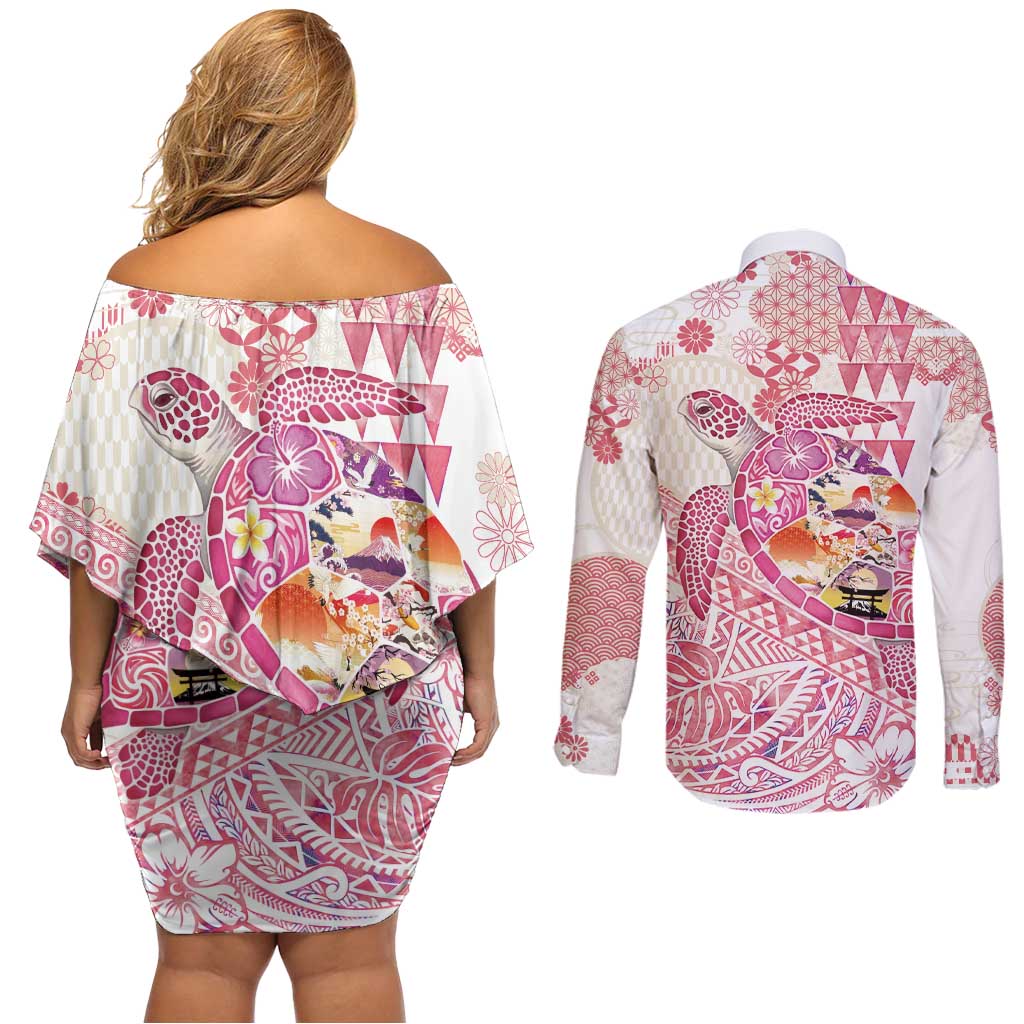 Hawaiian and Japanese Culture Together Couples Matching Off Shoulder Short Dress and Long Sleeve Button Shirt Tropical Honu with Japanese Elements Pink Color