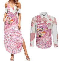 Hawaiian and Japanese Culture Together Couples Matching Summer Maxi Dress and Long Sleeve Button Shirt Tropical Honu with Japanese Elements Pink Color