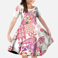 Hawaiian and Japanese Culture Together Kid Short Sleeve Dress Tropical Honu with Japanese Elements Pink Color