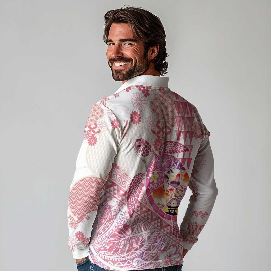 Hawaiian and Japanese Culture Together Long Sleeve Polo Shirt Tropical Honu with Japanese Elements Pink Color