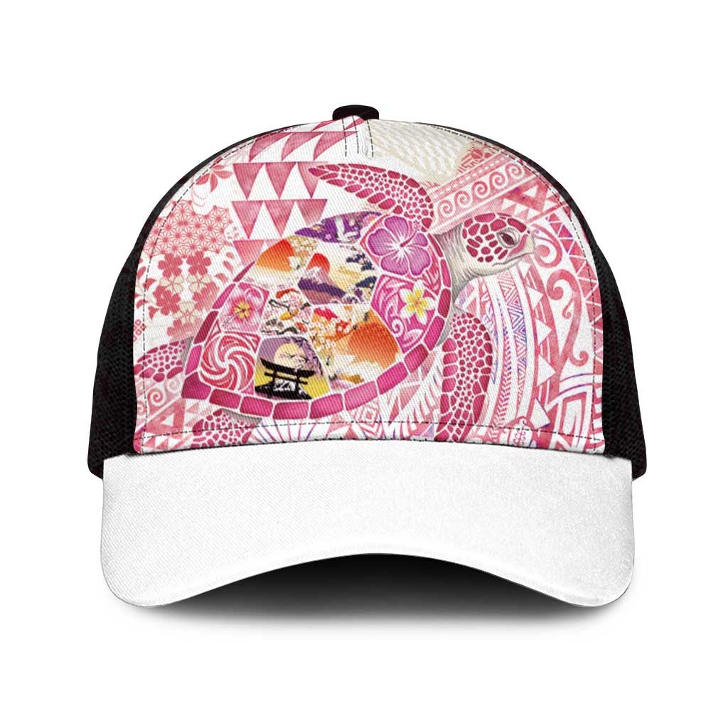Hawaiian and Japanese Culture Together Mesh Trucker Cap Tropical Honu with Japanese Elements Pink Color