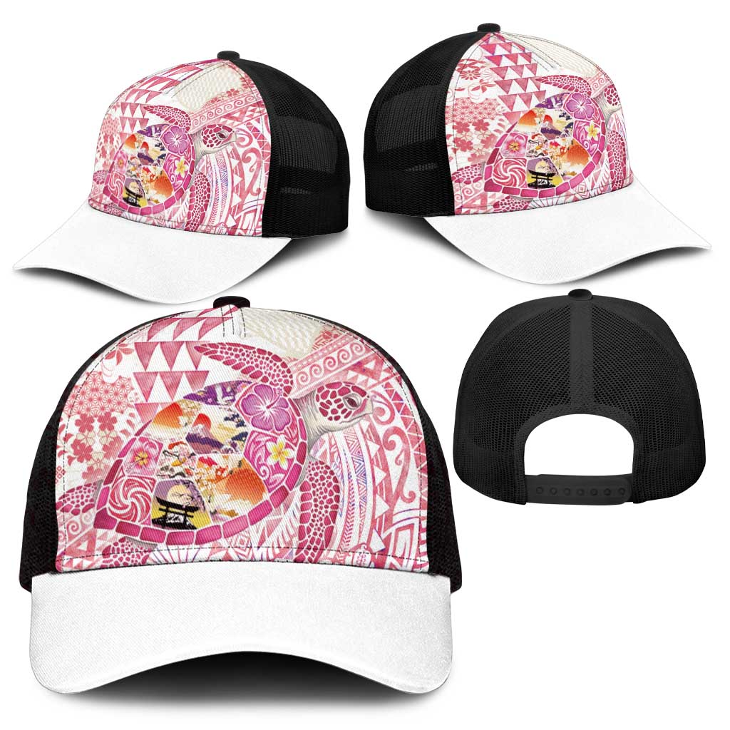 Hawaiian and Japanese Culture Together Mesh Trucker Cap Tropical Honu with Japanese Elements Pink Color