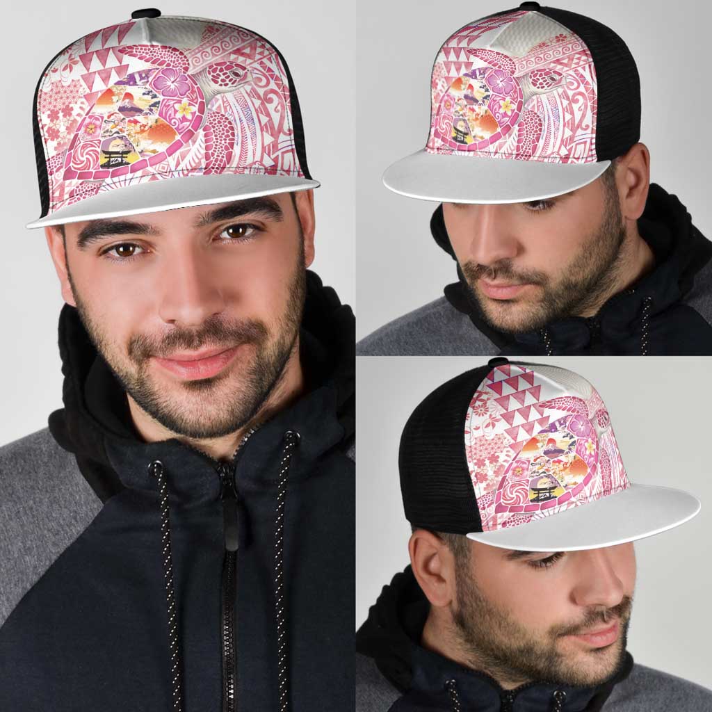 Hawaiian and Japanese Culture Together Mesh Trucker Cap Tropical Honu with Japanese Elements Pink Color