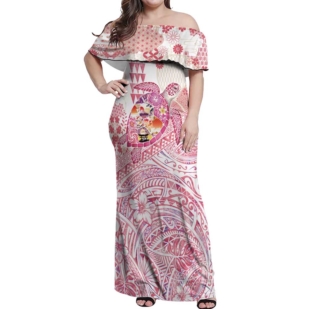 Hawaiian and Japanese Culture Together Off Shoulder Maxi Dress Tropical Honu with Japanese Elements Pink Color LT03 Women Pink - Polynesian Pride