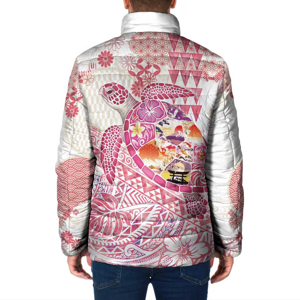 Hawaiian and Japanese Culture Together Padded Jacket Tropical Honu with Japanese Elements Pink Color