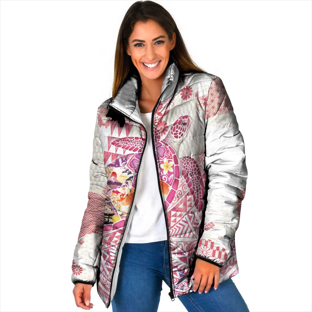 Hawaiian and Japanese Culture Together Padded Jacket Tropical Honu with Japanese Elements Pink Color
