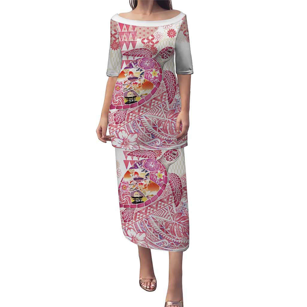 Hawaiian and Japanese Culture Together Puletasi Tropical Honu with Japanese Elements Pink Color LT03 Long Dress Pink - Polynesian Pride