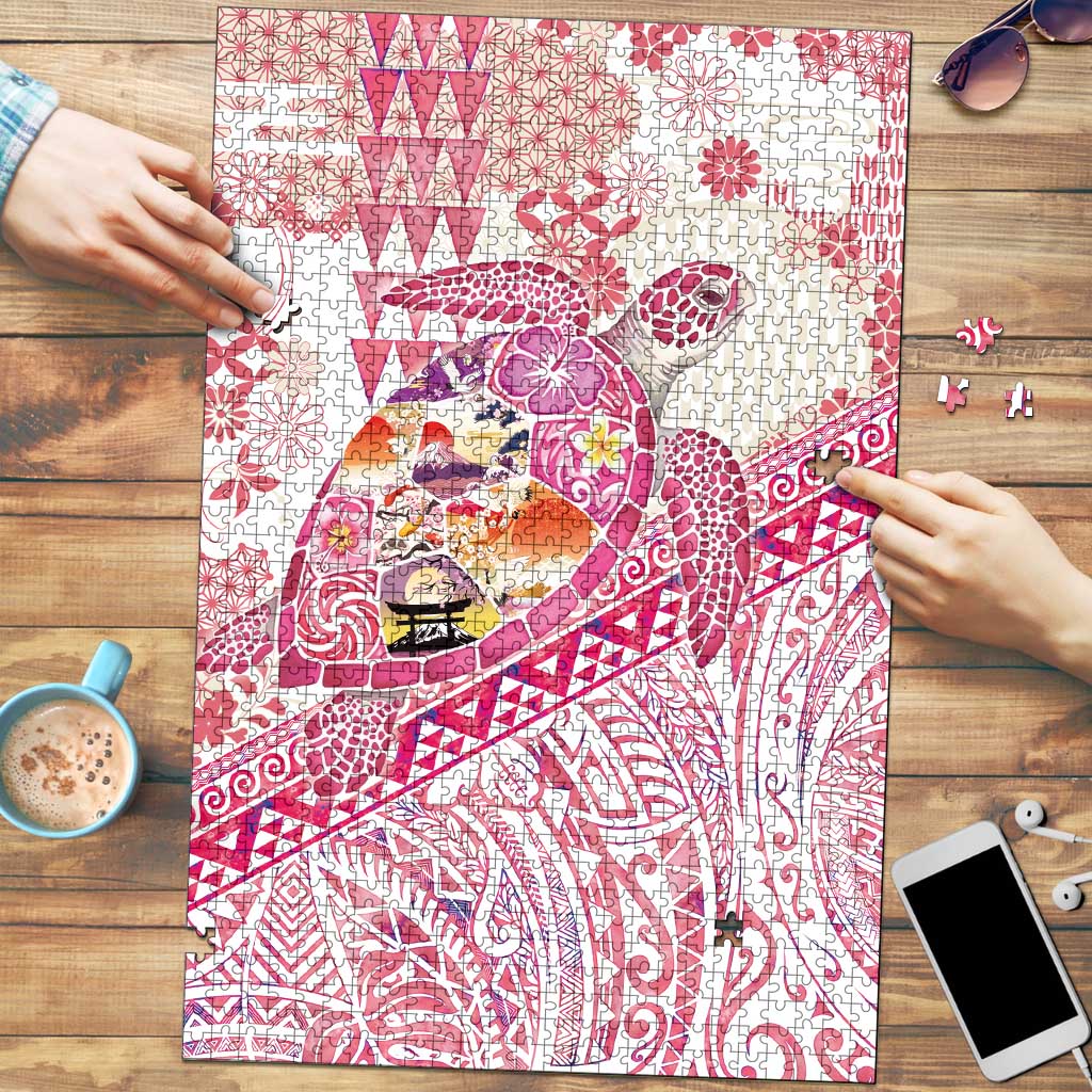 Hawaiian and Japanese Culture Together Puzzle Tropical Honu with Japanese Elements Pink Color