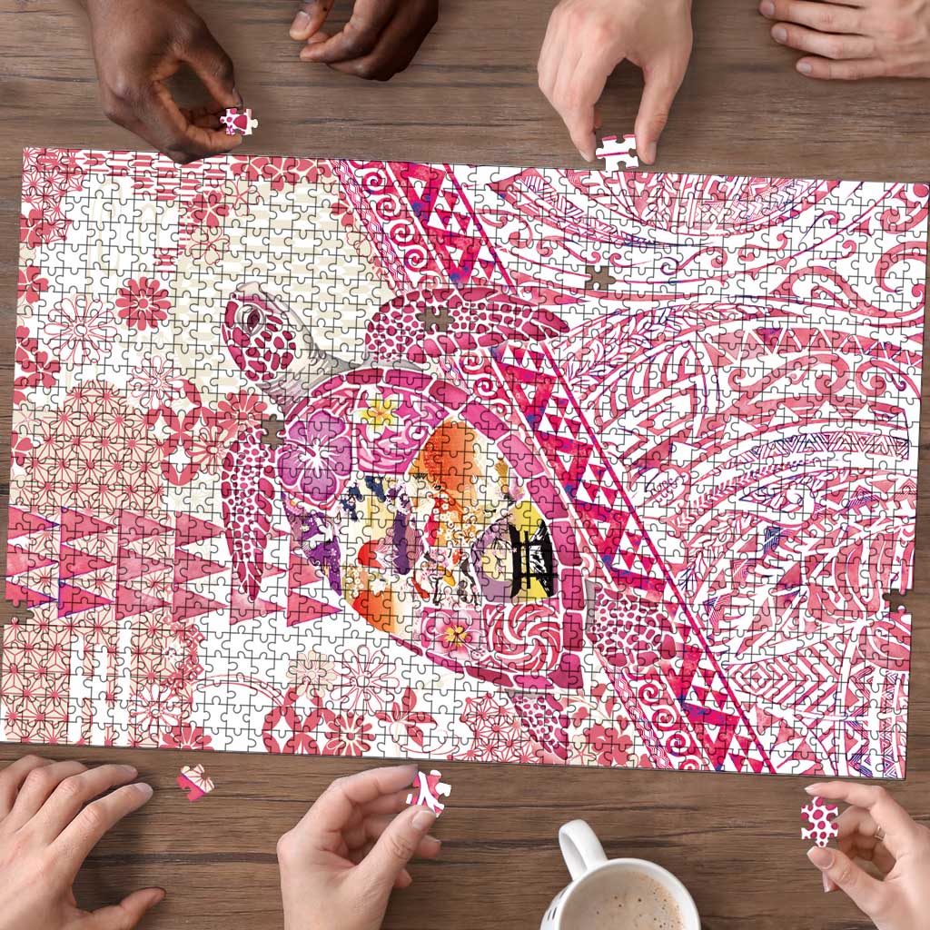 Hawaiian and Japanese Culture Together Puzzle Tropical Honu with Japanese Elements Pink Color