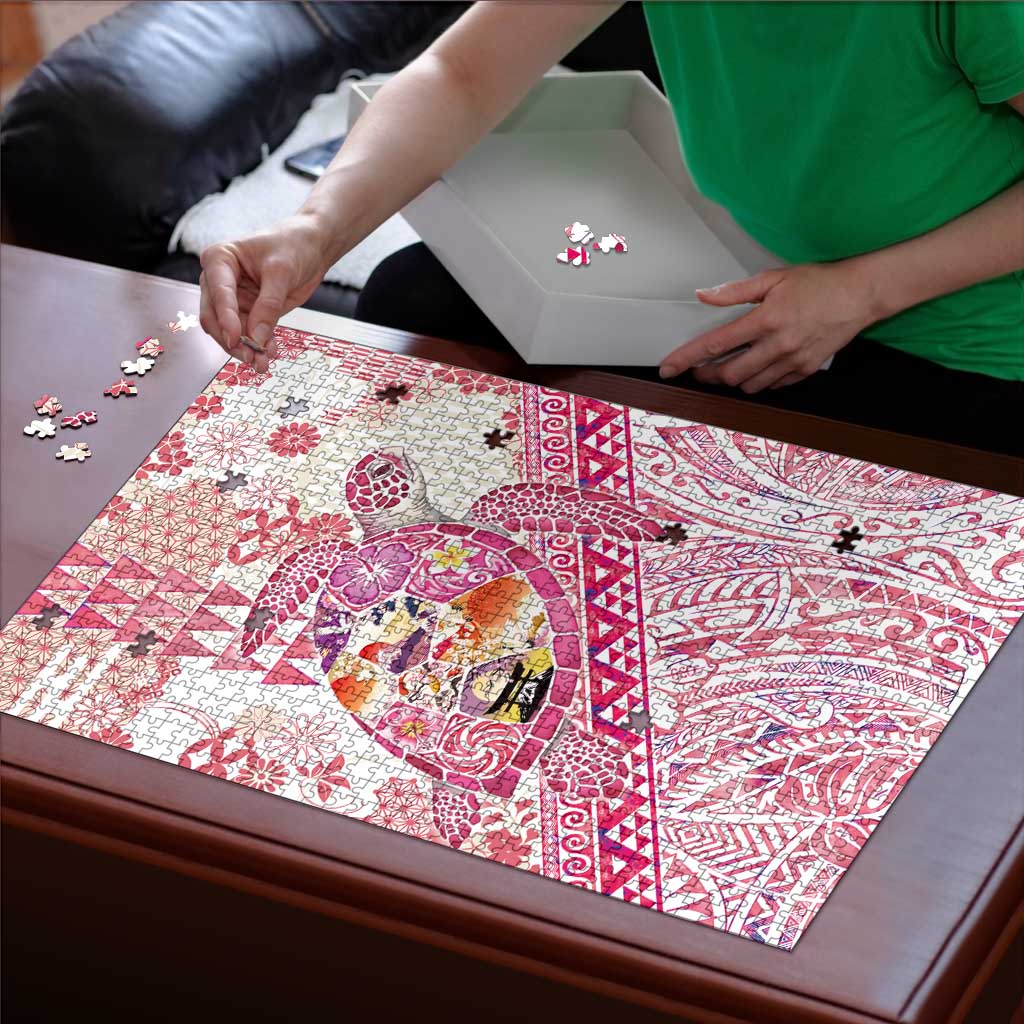 Hawaiian and Japanese Culture Together Puzzle Tropical Honu with Japanese Elements Pink Color