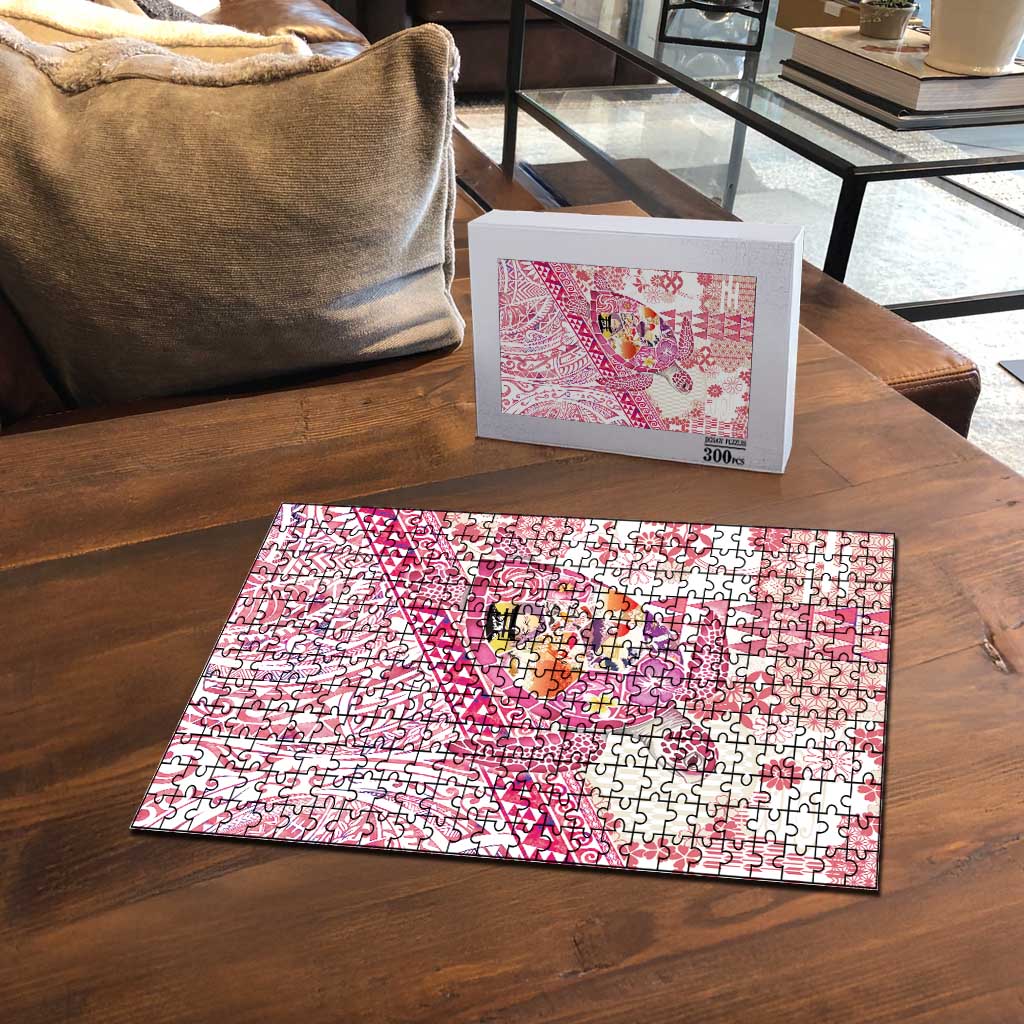 Hawaiian and Japanese Culture Together Puzzle Tropical Honu with Japanese Elements Pink Color