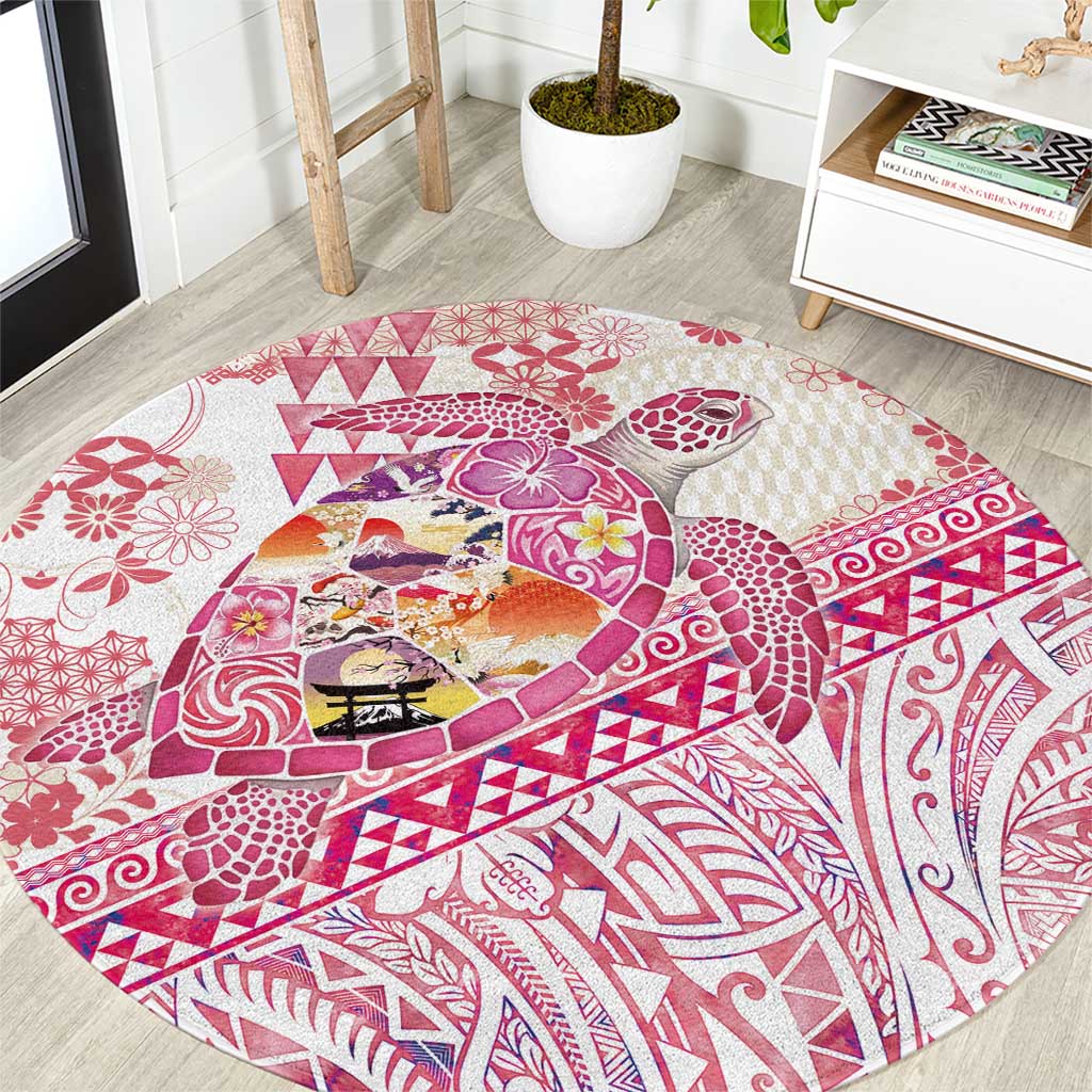 Hawaiian and Japanese Culture Together Round Carpet Tropical Honu with Japanese Elements Pink Color