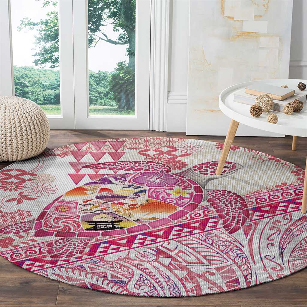 Hawaiian and Japanese Culture Together Round Carpet Tropical Honu with Japanese Elements Pink Color LT03 - Polynesian Pride