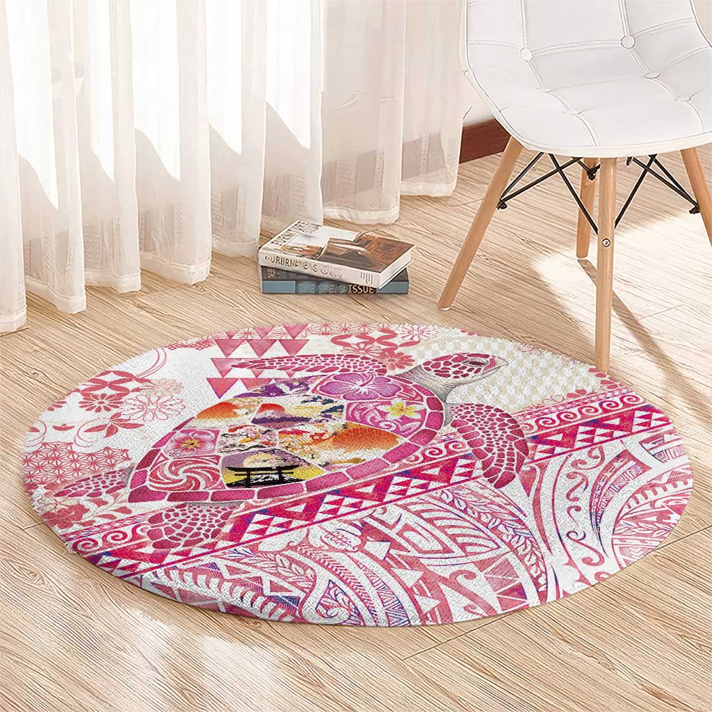 Hawaiian and Japanese Culture Together Round Carpet Tropical Honu with Japanese Elements Pink Color LT03 - Polynesian Pride
