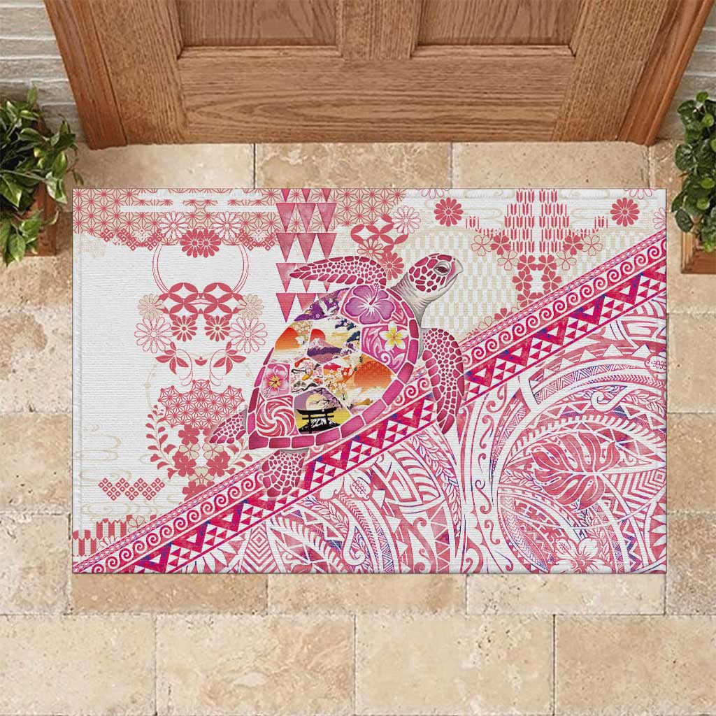 Hawaiian and Japanese Culture Together Rubber Doormat Tropical Honu with Japanese Elements Pink Color LT03 Pink - Polynesian Pride