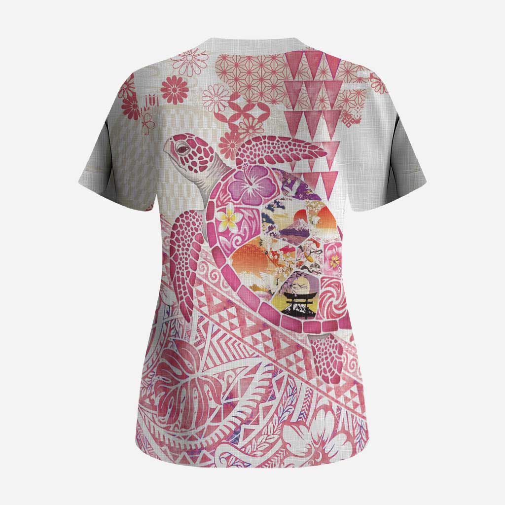 Hawaiian and Japanese Culture Together Scrub Top Tropical Honu with Japanese Elements Pink Color
