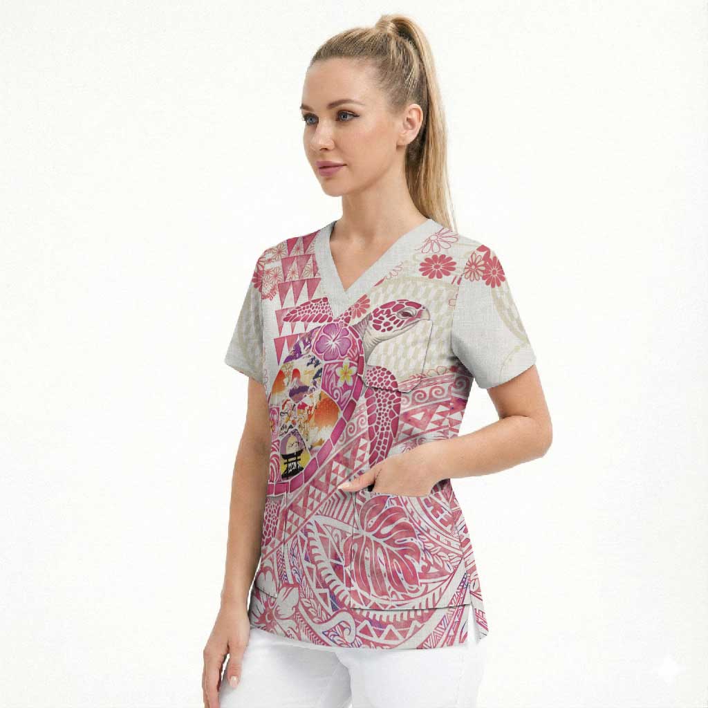 Hawaiian and Japanese Culture Together Scrub Top Tropical Honu with Japanese Elements Pink Color