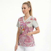Hawaiian and Japanese Culture Together Scrub Top Tropical Honu with Japanese Elements Pink Color