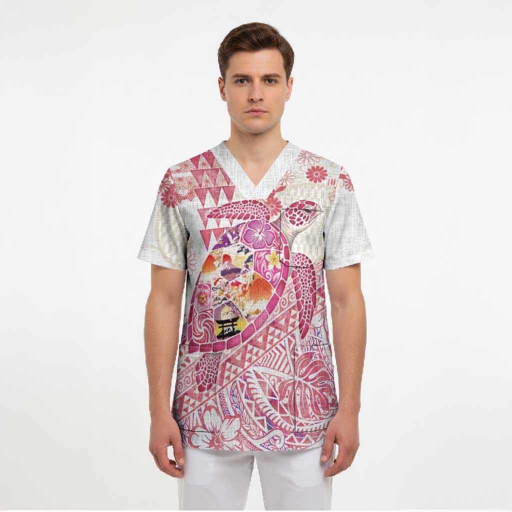 Hawaiian and Japanese Culture Together Scrub Top Tropical Honu with Japanese Elements Pink Color